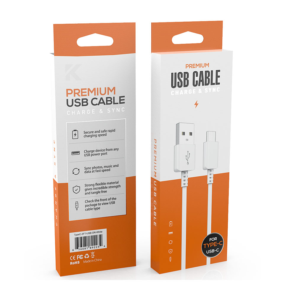 Type C 2.1A Strong USB Cable with Premium Package 3FT (White)